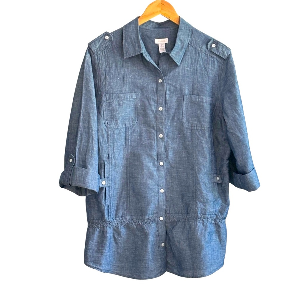 CHICO’S Button Front Chambray Roll Tab Sleeve Shirt Size M